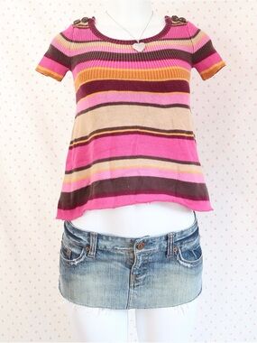 GAP Pink Multicolor Striped Short Sleeve Crop Top